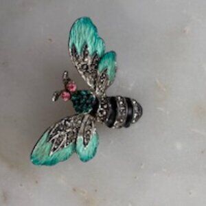 Vintage silver tone green/teal bumble bee brooch